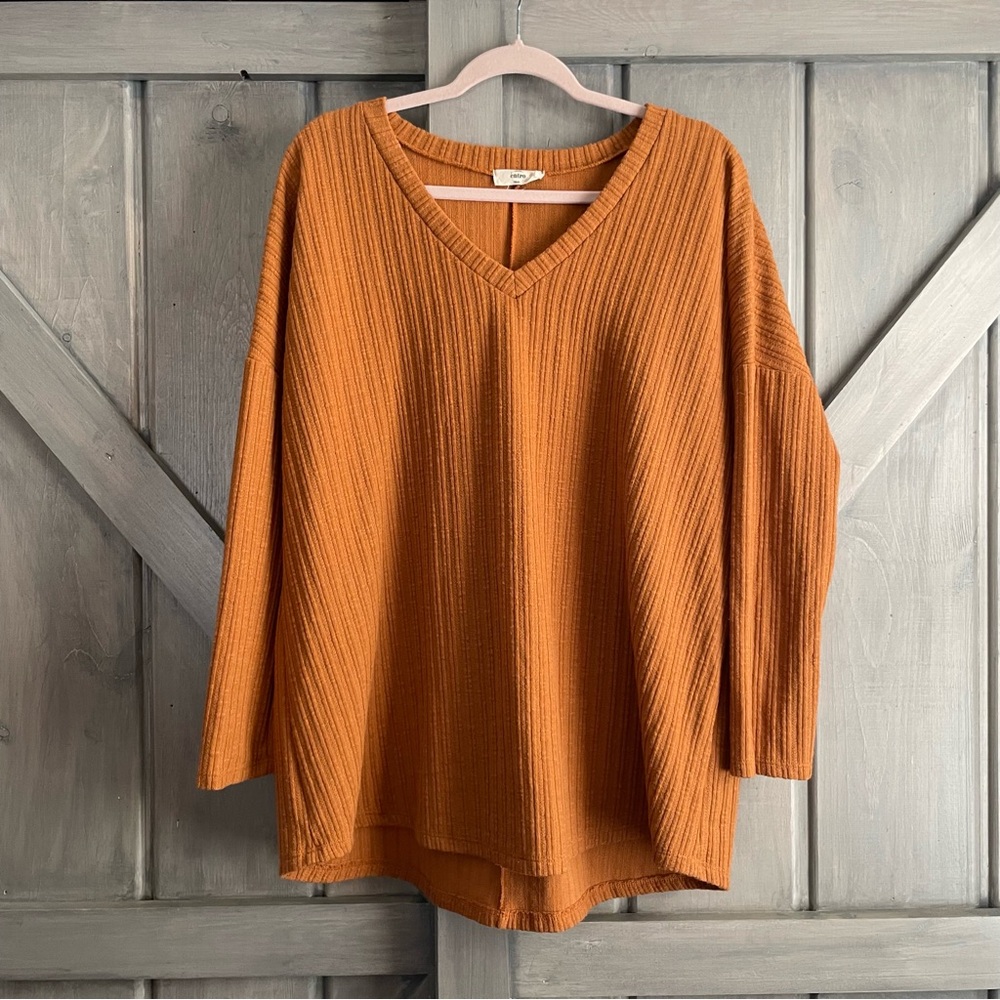 Entro Ribbed Knit V Neck Slub Longsleeve Rust Burnt Orange Size M oversized